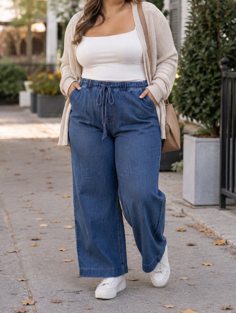 Reitmans 100% Cotton Blue Denim Relaxed Wide Leg Drawstring Jeans Casual